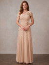 Chiffon A-Line Off Shoulder Maxi Mother of the Bride Dresses with Floral Lace Applique