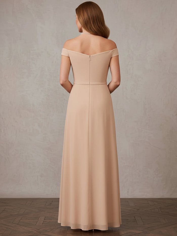 Chiffon A-Line Off Shoulder Maxi Mother of the Bride Dresses with Floral Lace Applique