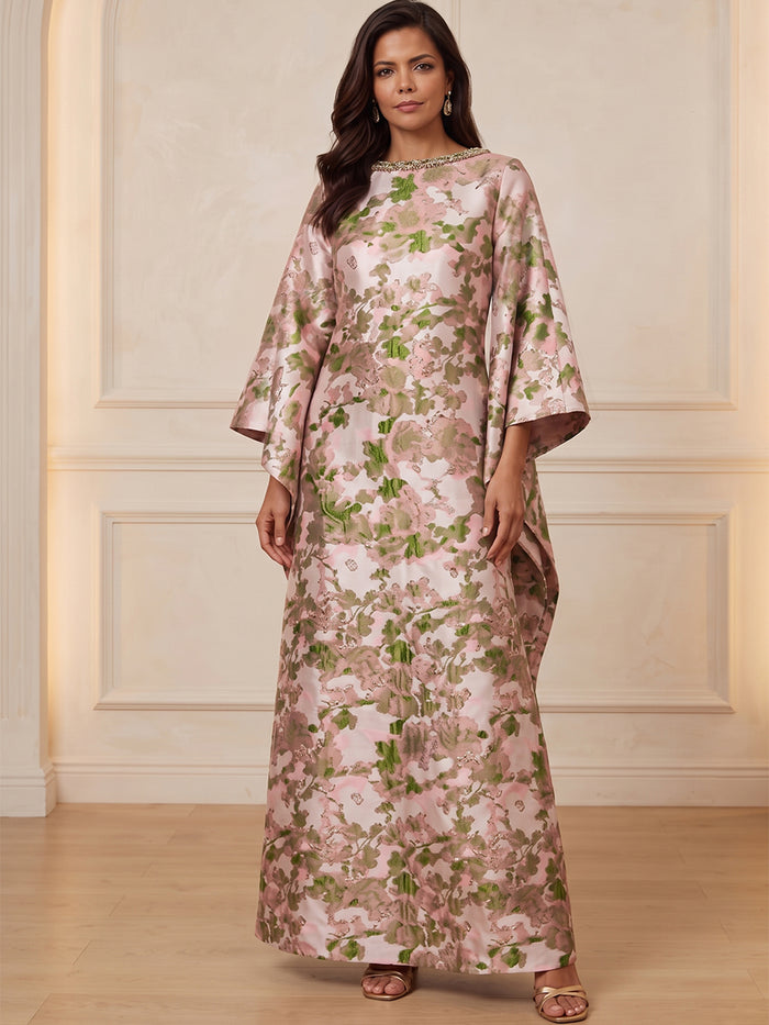 Jacquard A-Line Boat Neck Maxi Mother of the Bride Dresses with Beaded