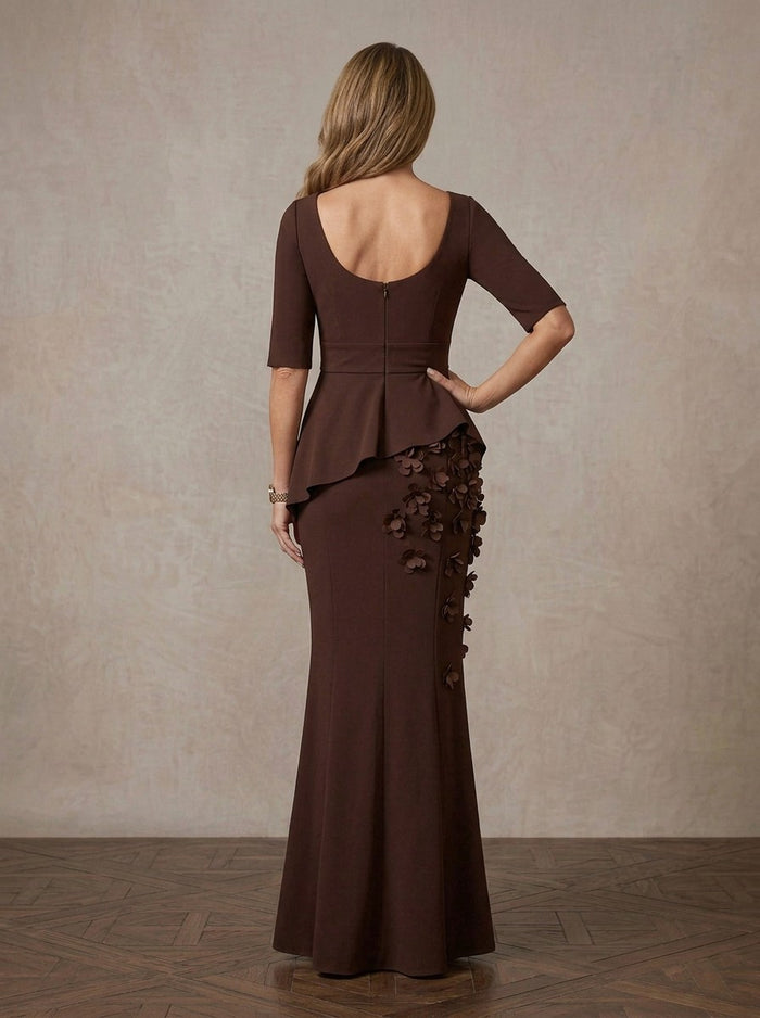 Jersey Mermaid Boat Neck Maxi Mother of the Bride Dresses with 3D Flowers