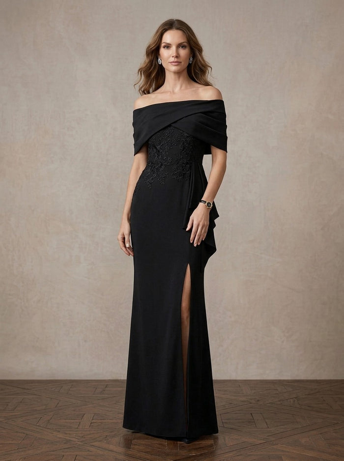 Jersey Mermaid Off Shoulder Maxi Mother of the Bride Dresses with Floral Lace Applique