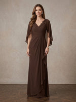 Chiffon A-Line V Neck Maxi Mother of the Bride Dresses with Sheer Chiffon Flowing Cape