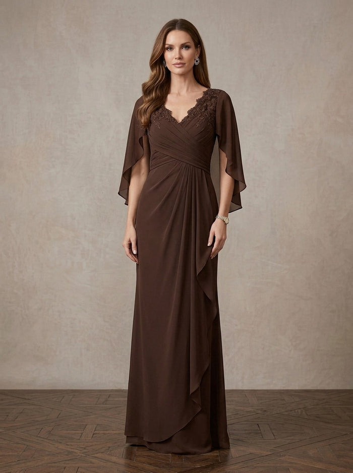 Chiffon A-Line V Neck Maxi Mother of the Bride Dresses with Sheer Chiffon Flowing Cape