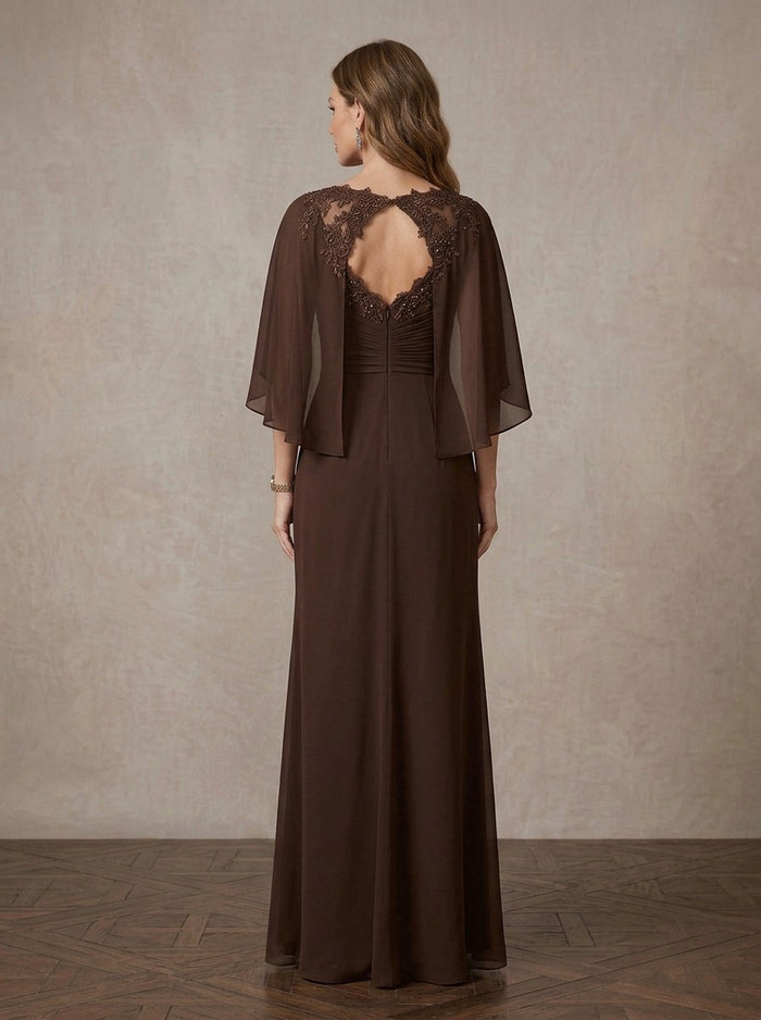Chiffon A-Line V Neck Maxi Mother of the Bride Dresses with Sheer Chiffon Flowing Cape