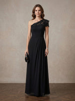 Chiffon A-Line One Shoulder Maxi Mother of the Bride Dresses with Floral Lace Applique