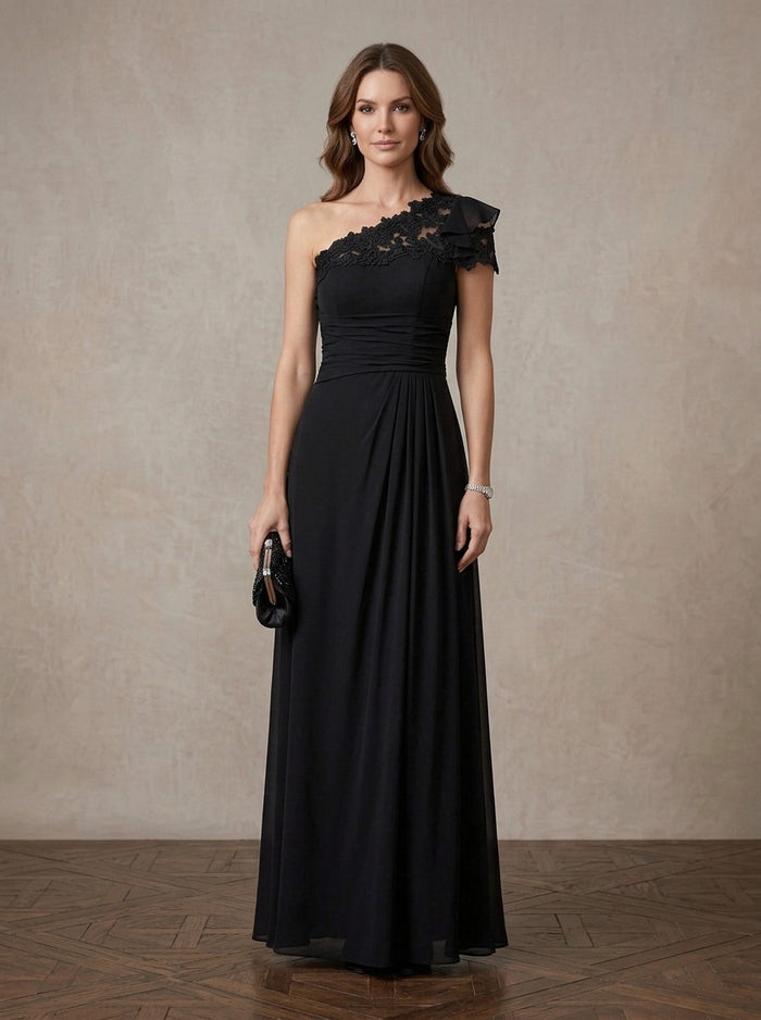 Chiffon A-Line One Shoulder Maxi Mother of the Bride Dresses with Floral Lace Applique
