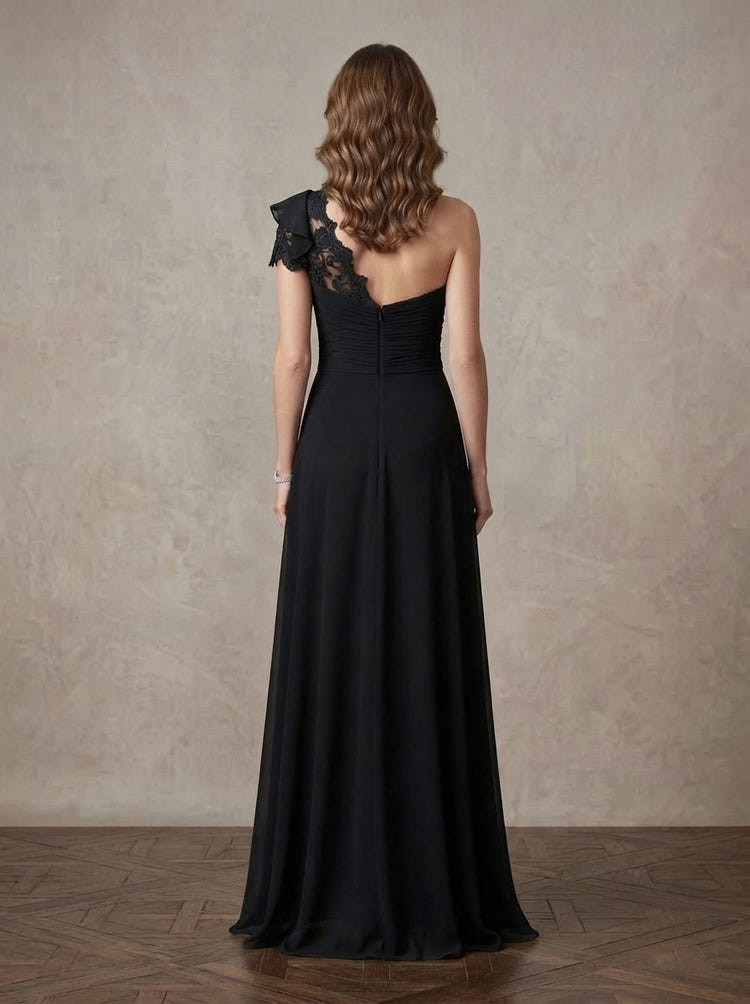 Chiffon A-Line One Shoulder Maxi Mother of the Bride Dresses with Floral Lace Applique