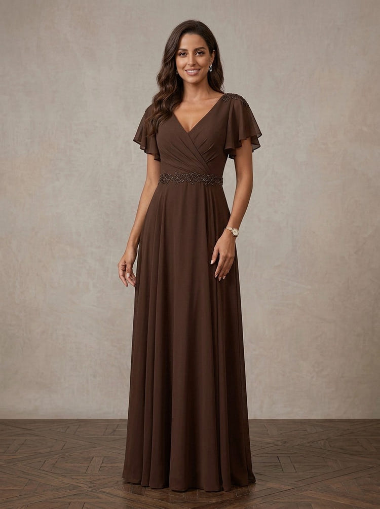 Chiffon A-Line V Neck Maxi Mother of the Bride Dresses with Beaded