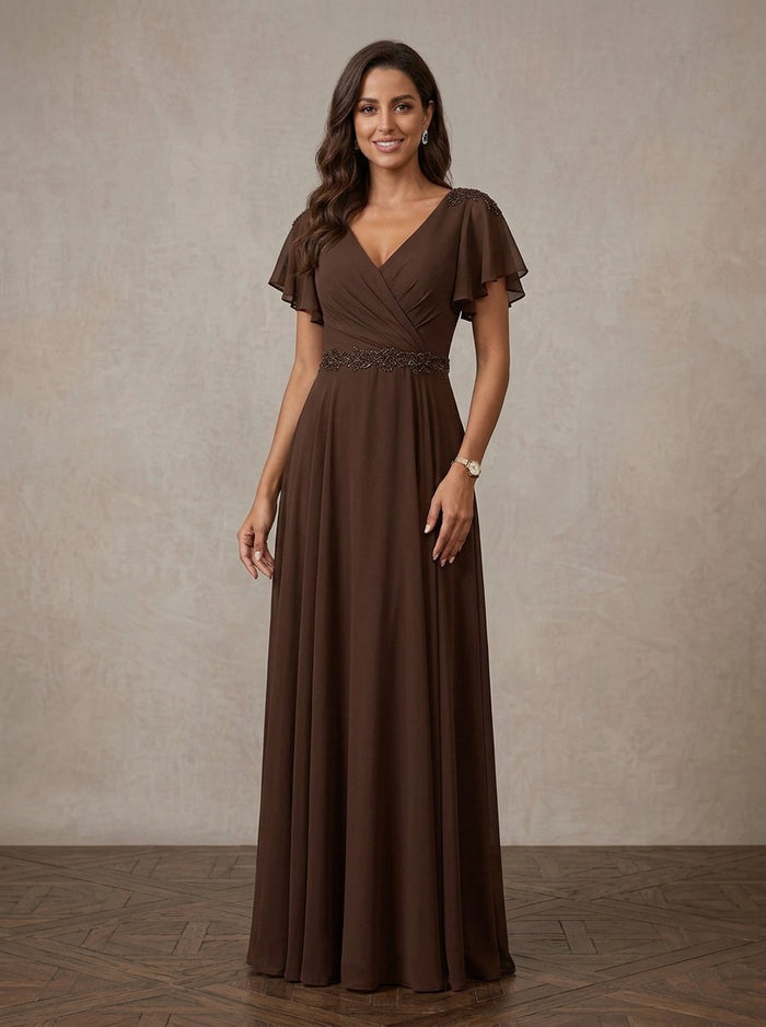 Chiffon A-Line V Neck Maxi Mother of the Bride Dresses with Beaded