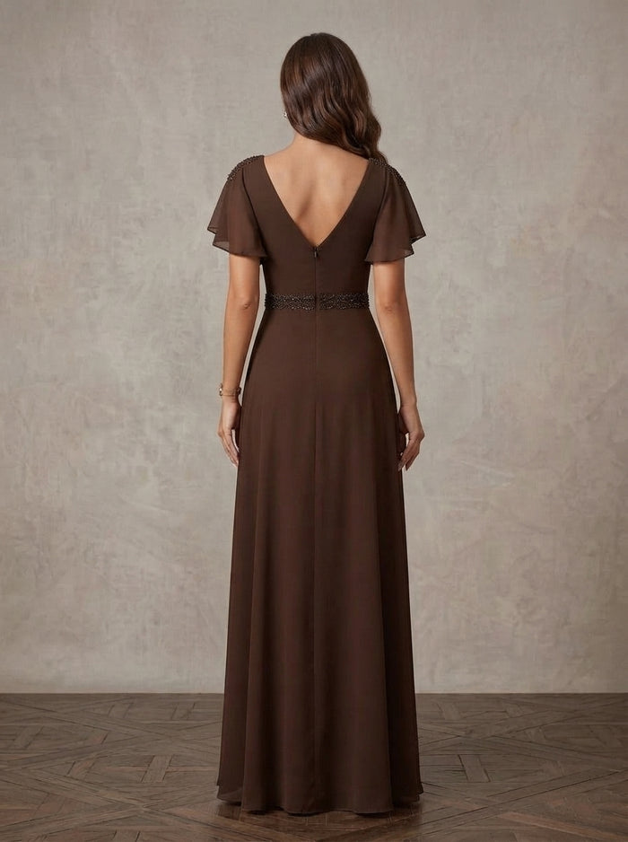 Chiffon A-Line V Neck Maxi Mother of the Bride Dresses with Beaded