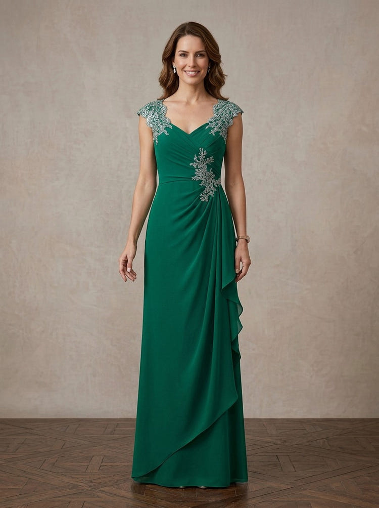 Chiffon A-Line V Neck Maxi Mother of the Bride Dresses with Floral Lace Applique