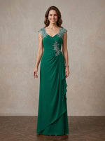 Chiffon A-Line V Neck Maxi Mother of the Bride Dresses with Floral Lace Applique