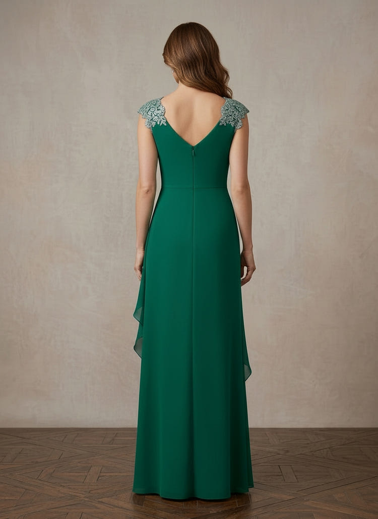 Chiffon A-Line V Neck Maxi Mother of the Bride Dresses with Floral Lace Applique