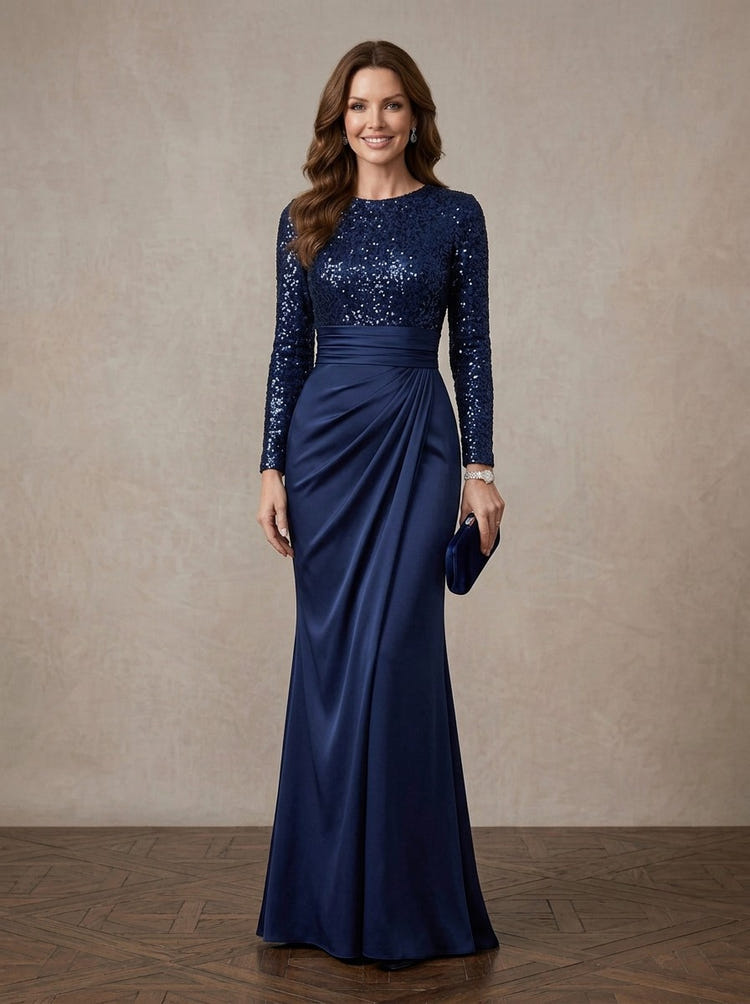 Satin Mermaid Crew Neck Maxi Mother of the Bride Dresses with Sequins Bodice