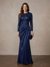 Satin Mermaid Crew Neck Maxi Mother of the Bride Dresses with Sequins Bodice