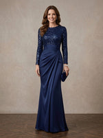 Satin Mermaid Crew Neck Maxi Mother of the Bride Dresses with Sequins Bodice