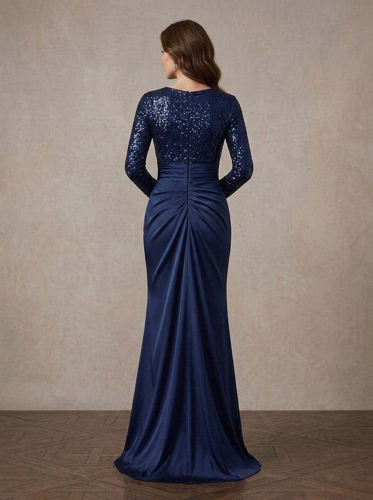 Satin Mermaid Crew Neck Maxi Mother of the Bride Dresses with Sequins Bodice