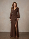 Chiffon A-Line V Neck Maxi Mother of the Bride Dresses with Side Slit