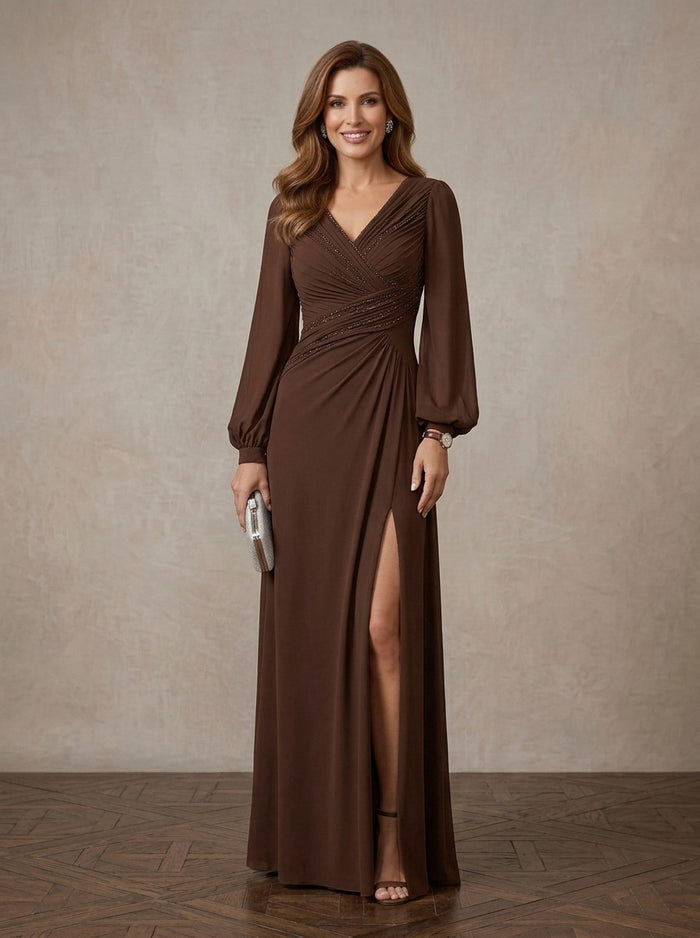 Chiffon A-Line V Neck Maxi Mother of the Bride Dresses with Side Slit