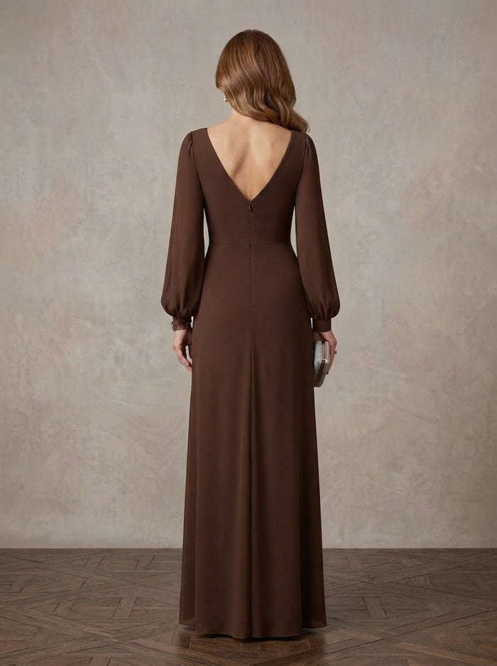 Chiffon A-Line V Neck Maxi Mother of the Bride Dresses with Side Slit