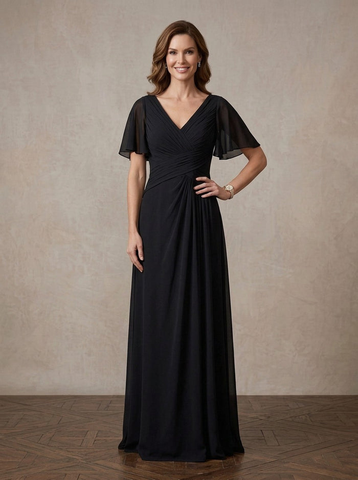 Chiffon A-Line V Neck Maxi Mother of the Bride Dresses with Side Waist Ruched