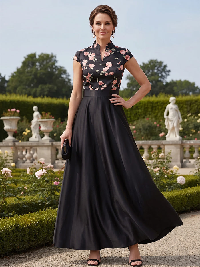 Satin A-Line Stand Collar Maxi Mother of the Bride Dresses with Floral Print