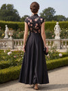 Satin A-Line Stand Collar Maxi Mother of the Bride Dresses with Floral Print
