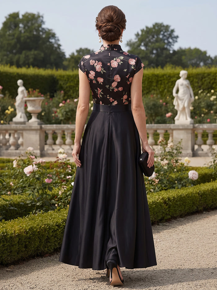 Satin A-Line Stand Collar Maxi Mother of the Bride Dresses with Floral Print