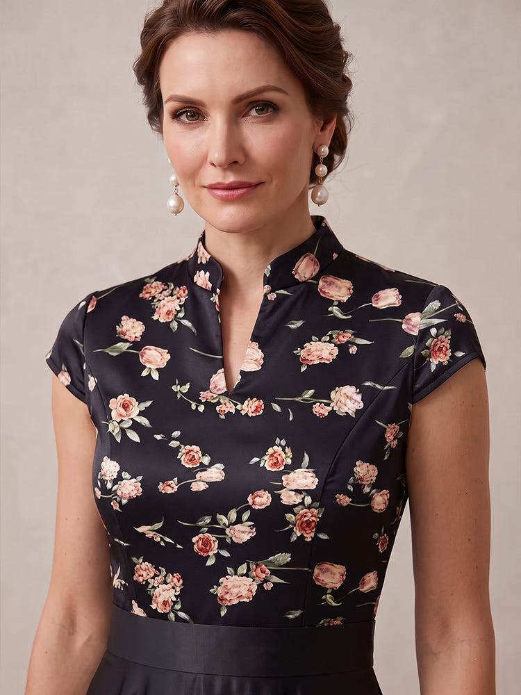 Satin A-Line Stand Collar Maxi Mother of the Bride Dresses with Floral Print