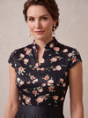 Satin A-Line Stand Collar Maxi Mother of the Bride Dresses with Floral Print