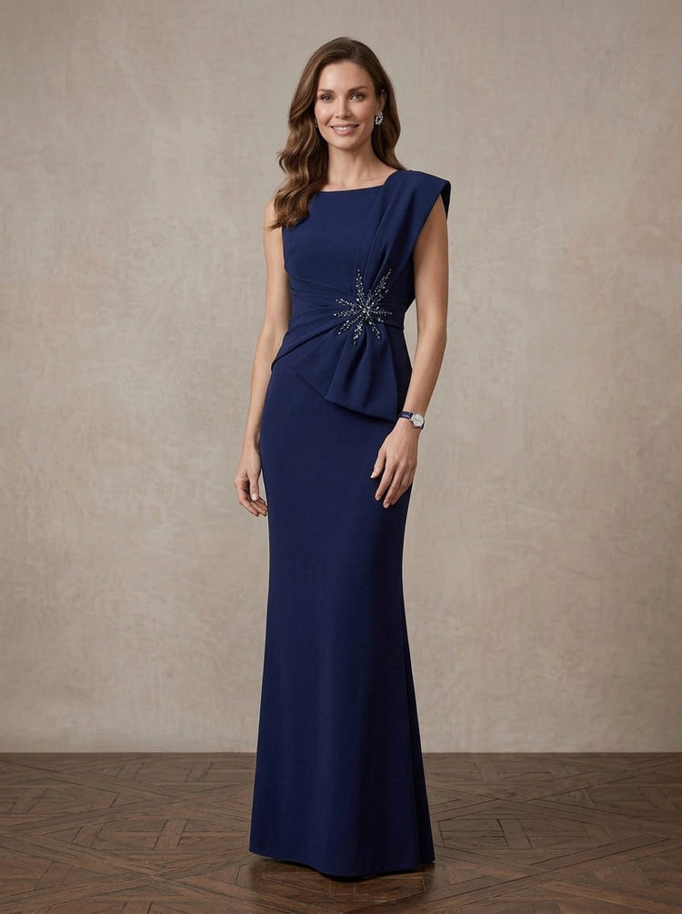 Jersey Mermaid Boat Neck Maxi Mother of the Bride Dresses with Rhinestone