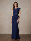 Jersey Mermaid Boat Neck Maxi Mother of the Bride Dresses with Rhinestone
