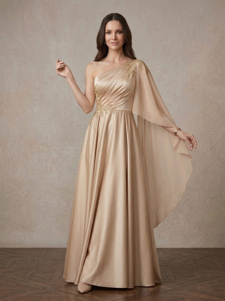 Satin A-Line One Shoulder Maxi Mother of the Bride Dresses with Flowing Sash