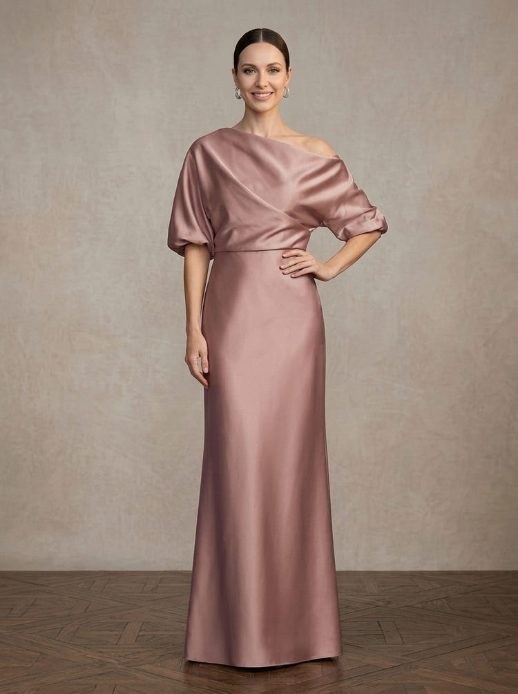 Satin Sheath/Column One Shoulder Maxi Mother of the Bride Dresses with Puff Sleeves