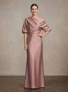 Satin Sheath/Column One Shoulder Maxi Mother of the Bride Dresses with Puff Sleeves