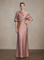 Satin Sheath/Column One Shoulder Maxi Mother of the Bride Dresses with Puff Sleeves