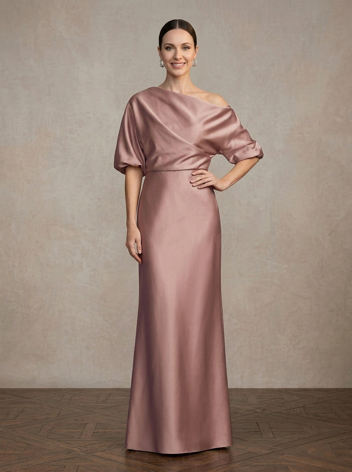 Satin Sheath/Column One Shoulder Maxi Mother of the Bride Dresses with Puff Sleeves