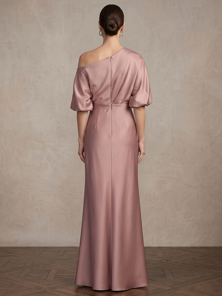 Satin Sheath/Column One Shoulder Maxi Mother of the Bride Dresses with Puff Sleeves