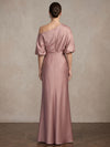 Satin Sheath/Column One Shoulder Maxi Mother of the Bride Dresses with Puff Sleeves