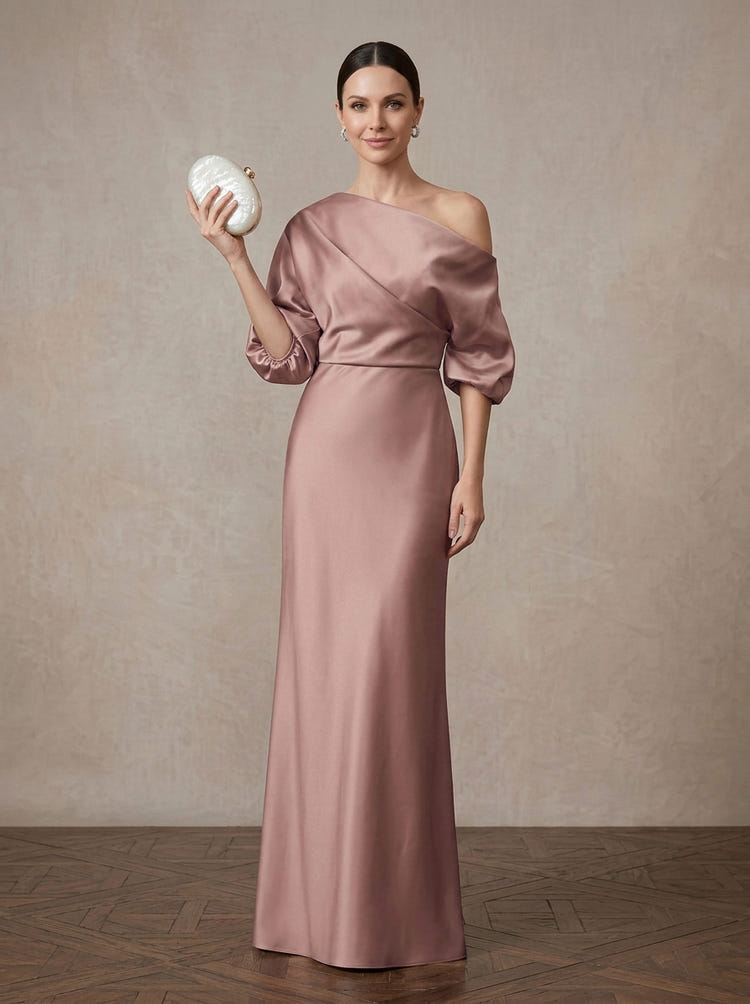Satin Sheath/Column One Shoulder Maxi Mother of the Bride Dresses with Puff Sleeves