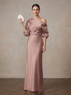 Satin Sheath/Column One Shoulder Maxi Mother of the Bride Dresses with Puff Sleeves