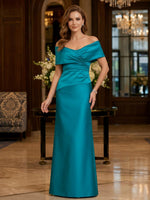 Satin A-Line Off Shoulder Maxi Mother of the Bride Dresses with Pleated