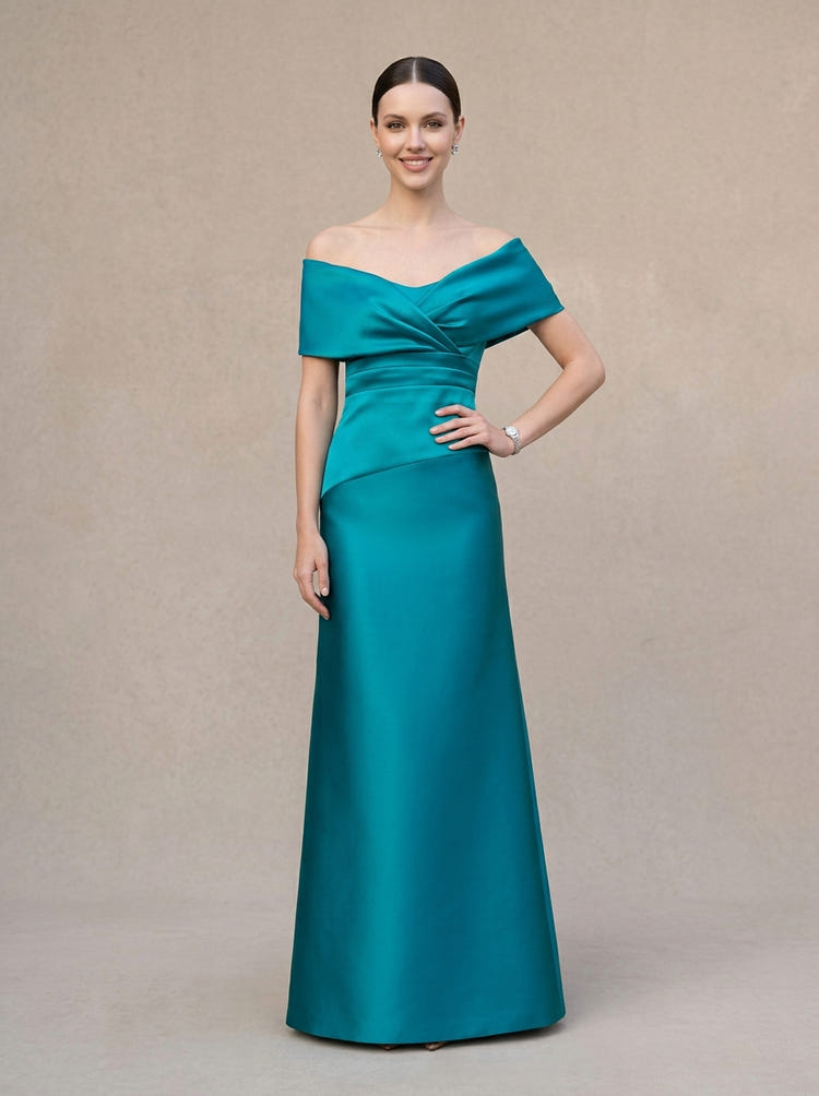 Satin A-Line Off Shoulder Maxi Mother of the Bride Dresses with Pleated