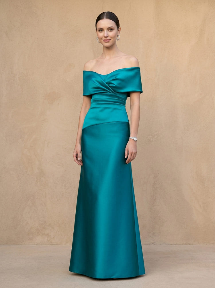 Satin A-Line Off Shoulder Maxi Mother of the Bride Dresses with Pleated