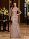 Satin Mermaid Off Shoulder Maxi Mother of the Bride Dresses with Lace Applique