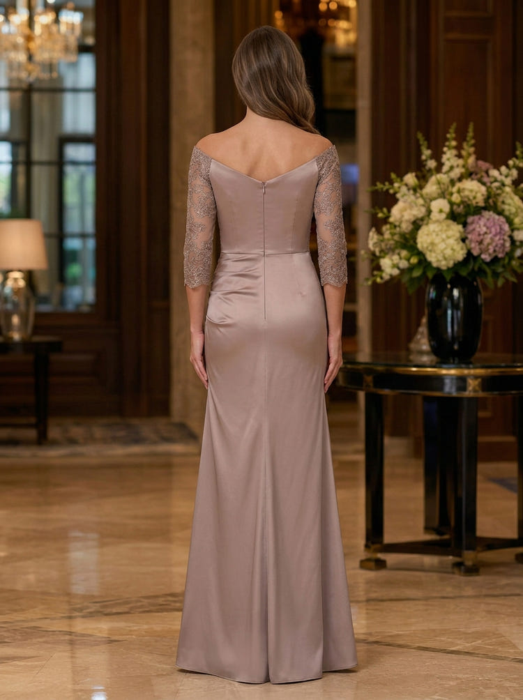 Satin Mermaid Off Shoulder Maxi Mother of the Bride Dresses with Lace Applique