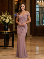 Jersey Mermaid Off Shoulder Maxi Mother of the Bride Dresses with Side Waist Ruched