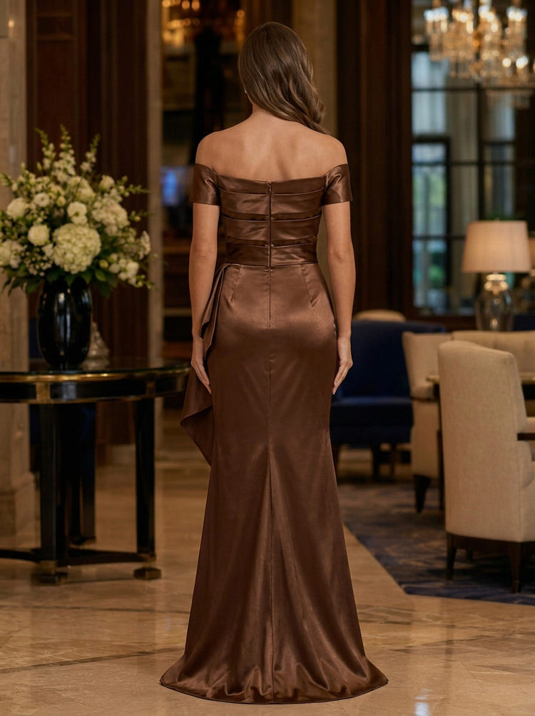 Satin Mermaid Off Shoulder Maxi Mother of the Bride Dresses with Draped Side Sash