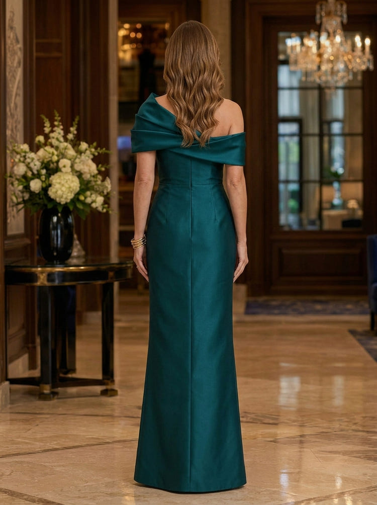 Satin Mermaid Off Shoulder Maxi Mother of the Bride Dresses with Pleated