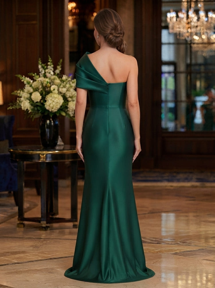 Satin Mermaid One Shoulder Maxi Mother of the Bride Dresses with Pleated
